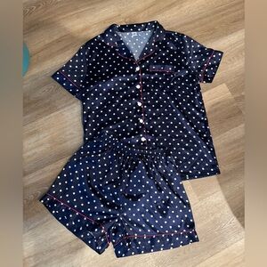 Satin 2 Piece Pajama Set Short Sleeve Top & Shorts S Navy Blue & Red